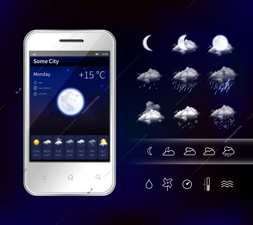Smartphone weather app widgets with detailed hourly forecast accurate information service realistic image dark background vector illustration