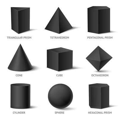 Realistic geometric shapes black set with isolated three-dimensional geometric objects with text and shadows vector illustration