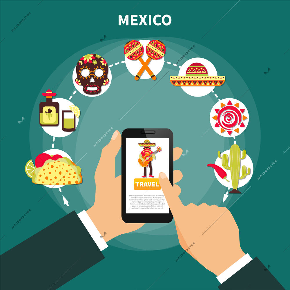 Online choosing travel to mexico and various mexican symbols flat vector illustration