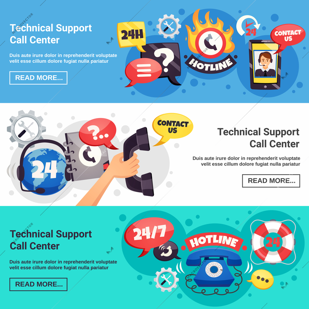 Technical customer support call center 24h online service 3 horizontal background banners webpage design isolated vector illustration