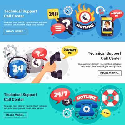 Technical customer support call center 24h online service 3 horizontal background banners webpage design isolated vector illustration