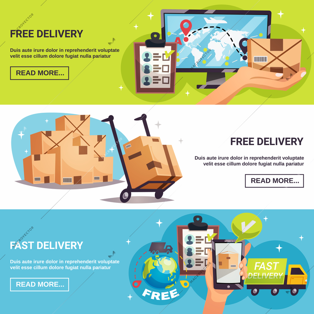 Free shipment express delivery service with online tracking 3 horizontal background banners webpage design isolated vector illustration