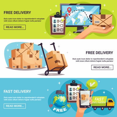 Free shipment express delivery service with online tracking 3 horizontal background banners webpage design isolated vector illustration