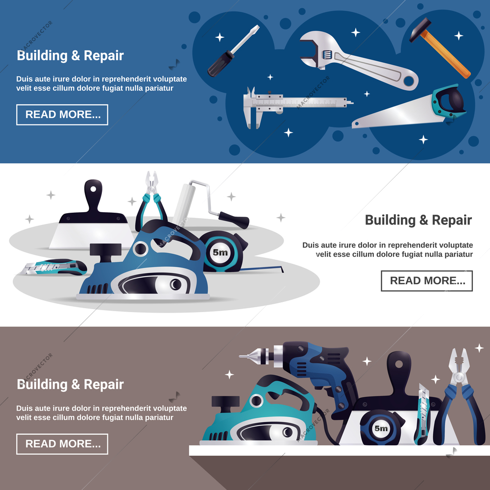 Building construction renovation woodwork repair carpentry top tools 3 horizontal webpage banners realistic design isolated vector illustration