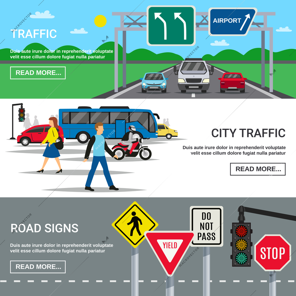 Traffic 3 horizontal banners webpage design with country and city roadways signboards symbols flat isolated vector illustration