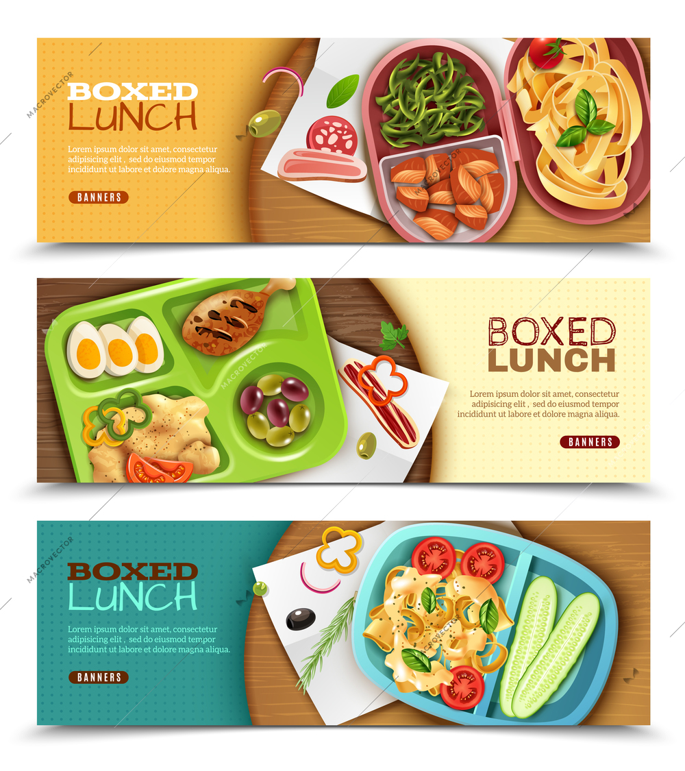 Set of horizontal banners with boxed lunch with various ingredients on wooden table isolated vector illustration