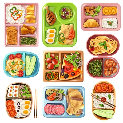 Set of boxed lunches in plastic colorful containers with italian, asian, vegetarian food isolated vector illustration