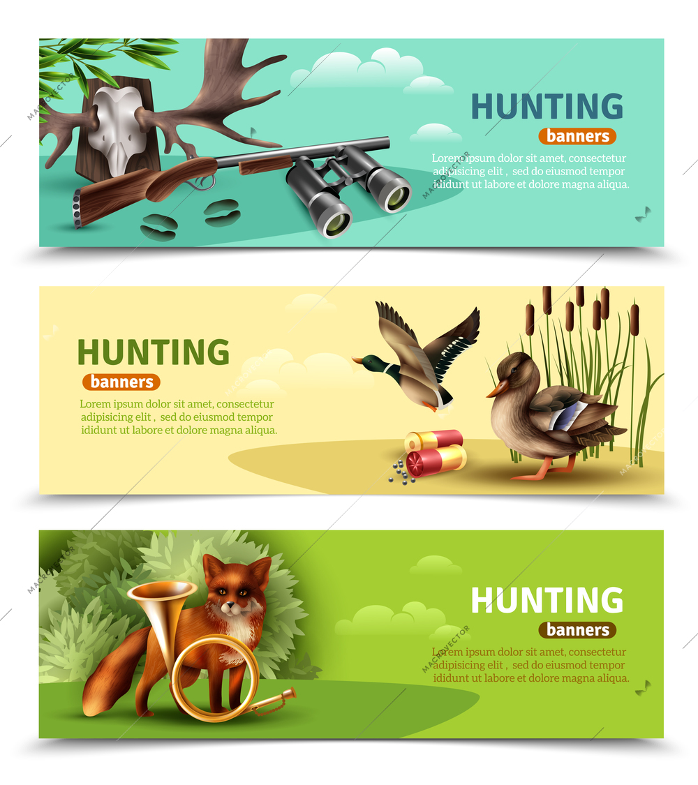 Set of horizontal banners with hunting equipment and trophies, fox with horn and ducks isolated vector illustration