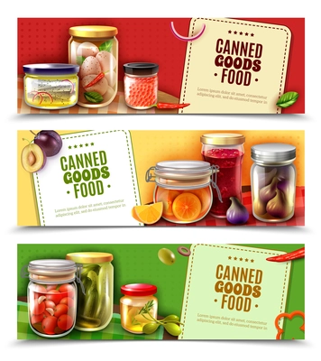 Canned goods horizontal banners with fish products, eggs, fruit and vegetables in glass jars isolated vector illustration