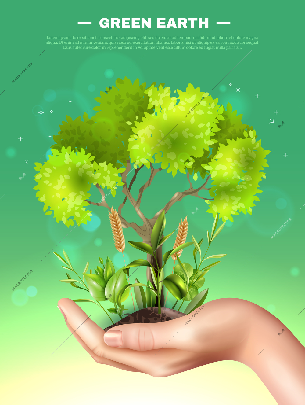 Ecology concept on green blurred background with tree, plants in ground on realistic female hand vector illustration