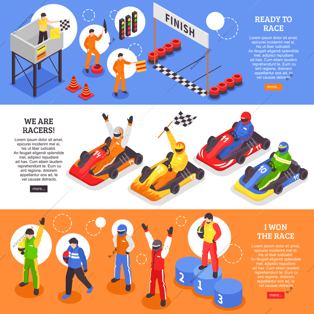 Isometric carting horizontal banners set with human characters of cart racers with carts helmets and course vector illustration