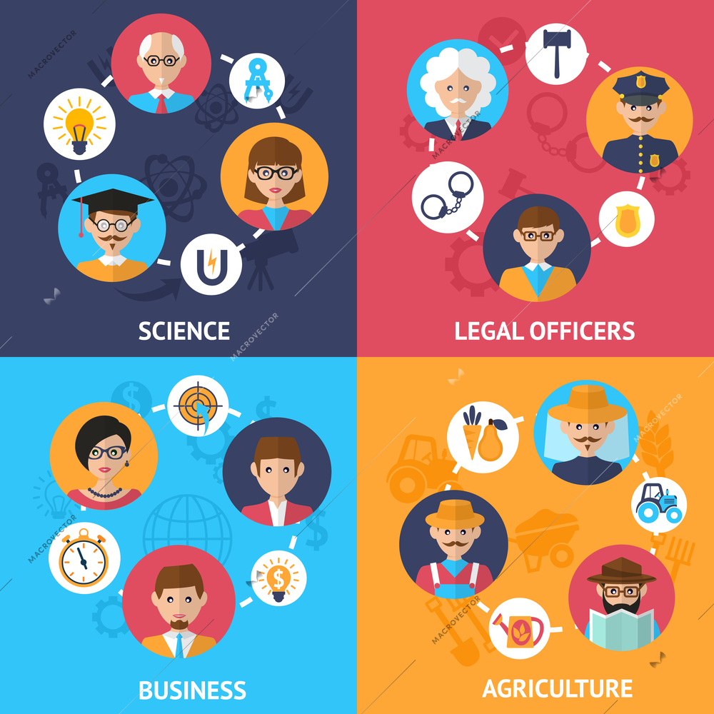 Teamwork people group decorative icons science legal officers business agriculture set flat isolated vector illustration