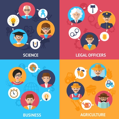 Teamwork people group decorative icons science legal officers business agriculture set flat isolated vector illustration