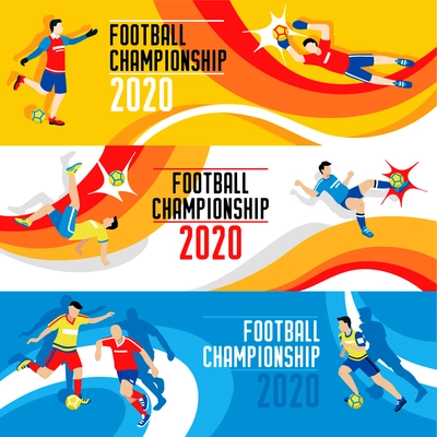 Football soccer horizontal banners set with player characters in different poses with text and abstract backgrounds vector illustration