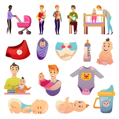 Fathers on parental leave orthogonal icons set with feeding carrying baby and newborn accessories isolated vector illustration