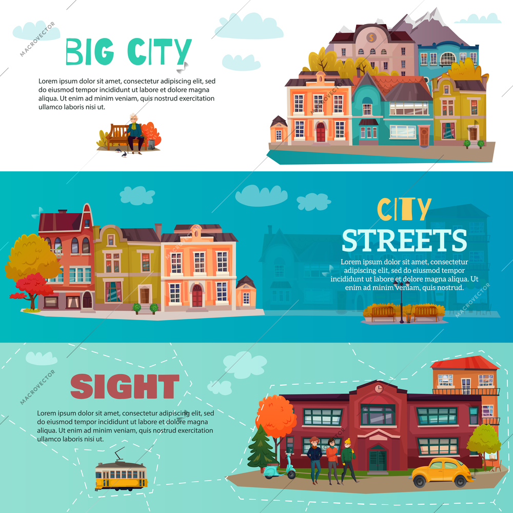 City buildings horizontal banners set flat isolated vector illustration