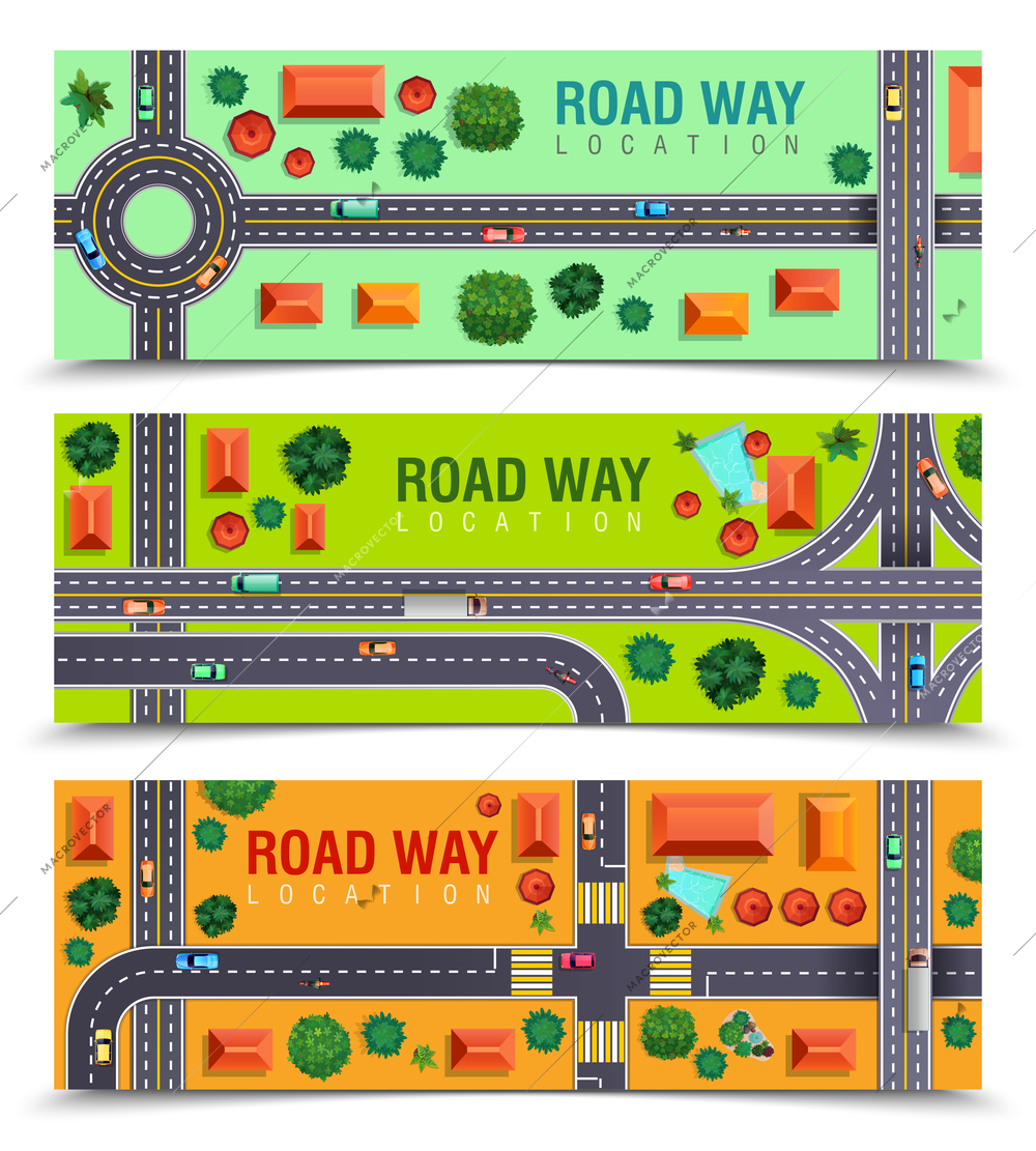 Set of horizontal banners with roadway including crossroads, junctions, vehicles, buildings on color background isolated vector illustration