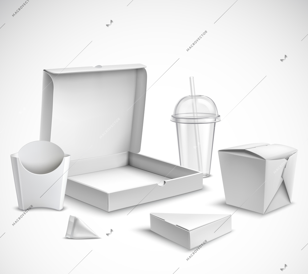 Fast food blank white packaging realistic templates set with clear plastic cup and pizza box vector illustration