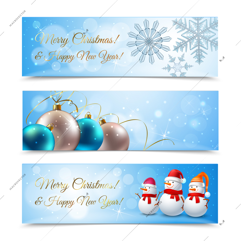 Christmas set of horizontal banners with greetings, snowflakes, balls, snowmen companions on blue background isolated vector illustration