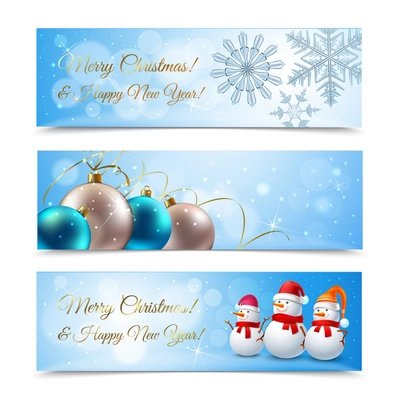 Christmas set of horizontal banners with greetings, snowflakes, balls, snowmen companions on blue background isolated vector illustration