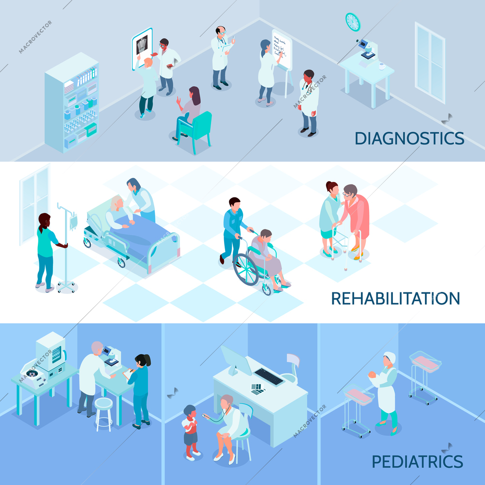 Hospital staff horizontal banners with diagnostics rehabilitation pediatrics isometric  compositions vector illustration