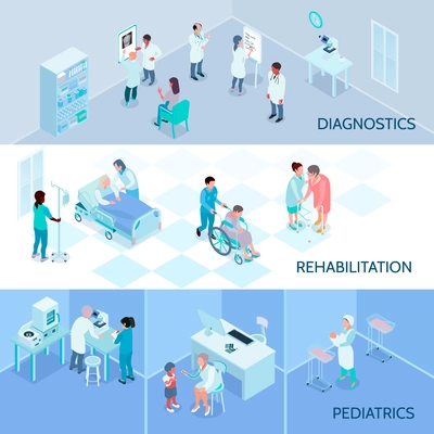 Hospital staff horizontal banners with diagnostics rehabilitation pediatrics isometric  compositions vector illustration
