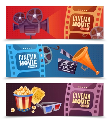 Cinema set of horizontal banners with camera, megaphone and clapper, popcorn, glasses and tickets isolated vector illustration