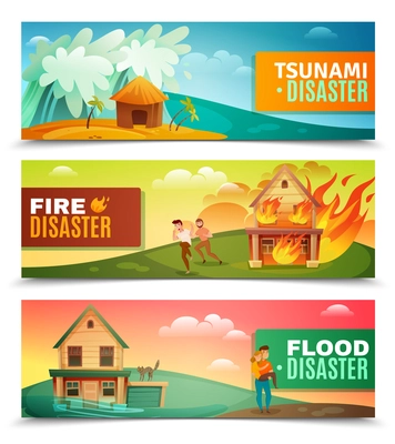 Natural disasters set of horizontal banners with tsunami, burning house, rescue during flood isolated vector illustration