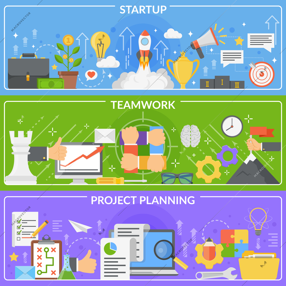 Set of horizontal banners with startup development concept including project planning and teamwork isolated vector illustration