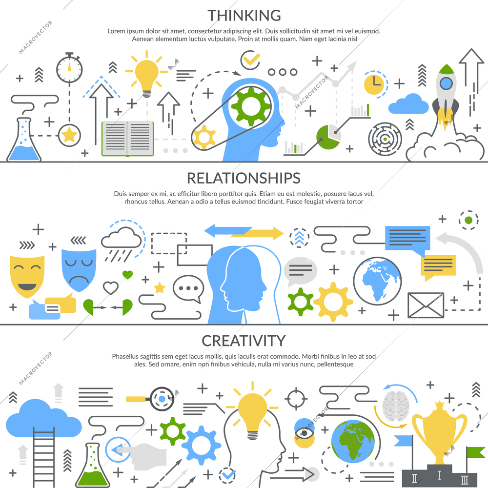 Mental concept set of horizontal flat linear banners with thinking process, relationships, creativity isolated vector illustration