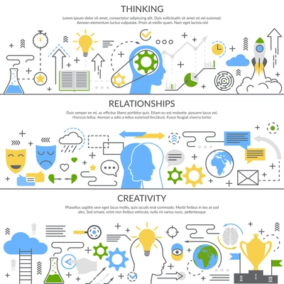 Mental concept set of horizontal flat linear banners with thinking process, relationships, creativity isolated vector illustration