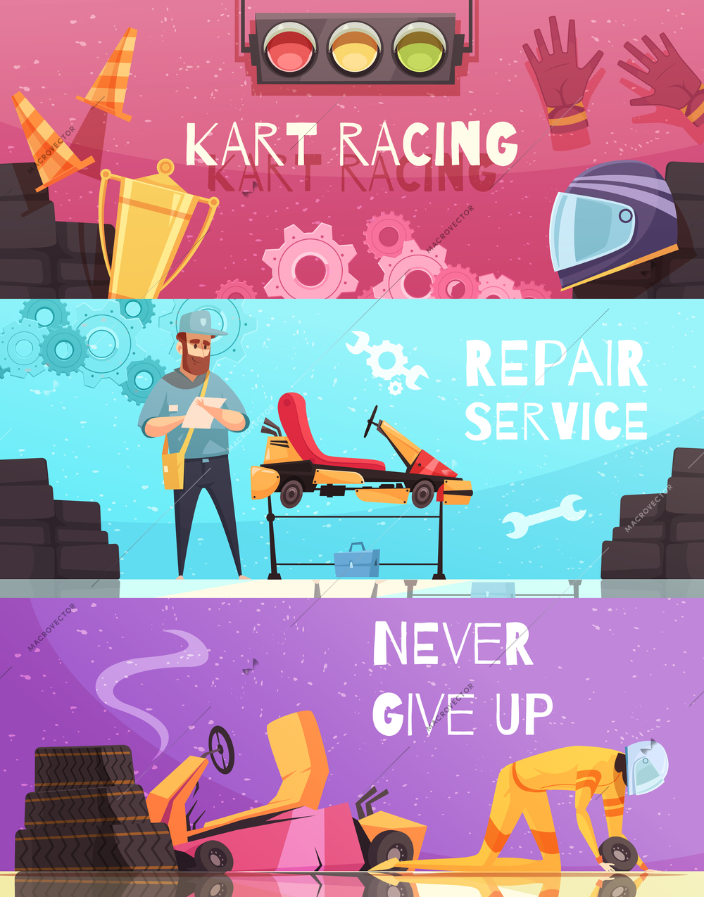 Horizontal banners set with kart racing apparel and repair service cartoon isolated vector illustration