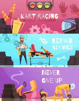 Horizontal banners set with kart racing apparel and repair service cartoon isolated vector illustration