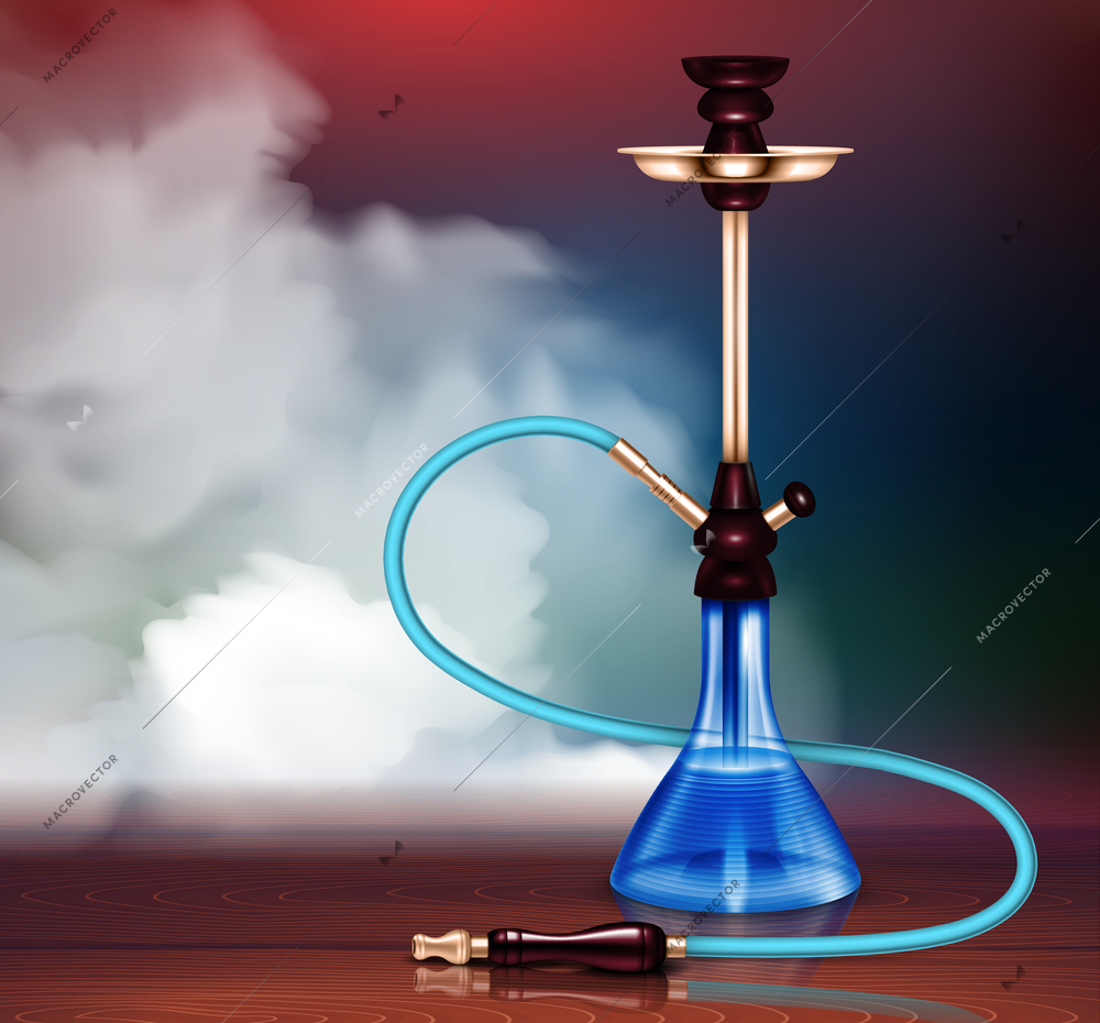 Blue hookah and smoke with relaxation symbols blurred realistic vector illustration