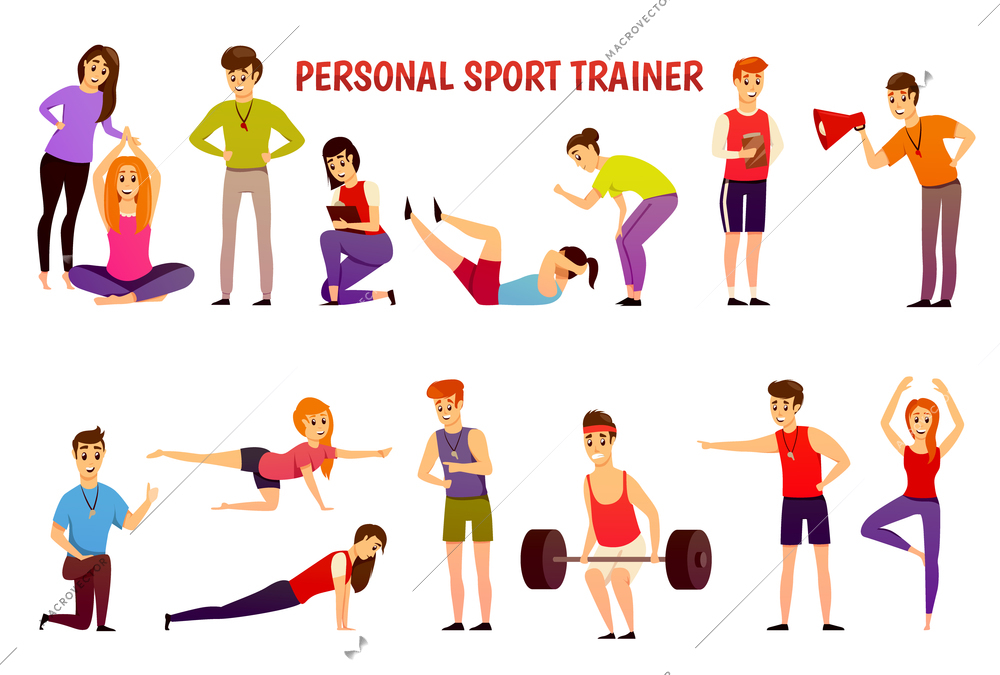 Orthogonal icons set with personal sport trainer and people in sportswear during physical exercises isolated vector illustration