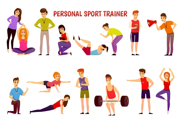 Orthogonal icons set with personal sport trainer and people in sportswear during physical exercises isolated vector illustration