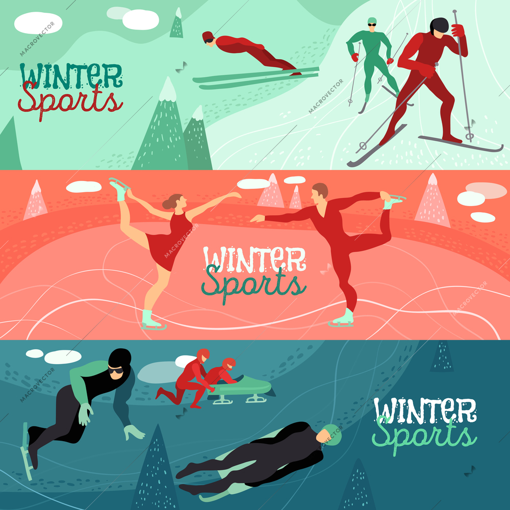 Winter sports horizontal banners with people involved in bobsled sledding alpine skiing speed and figure skating flat vector illustration