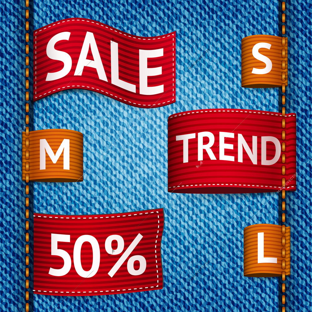 Clothing size trend sale colored label ribbon set on denim background vector illustration