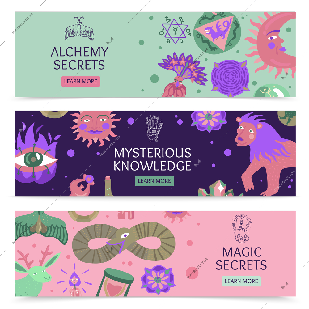 Magic and alchemy secrets and mysterious knowledge horizontal banners with sacred symbols and mystic signs flat vector illustration