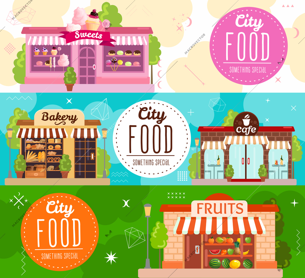 City food horizontal banners with showcases of bakery fruits and sweets stores flat icons vector illustration