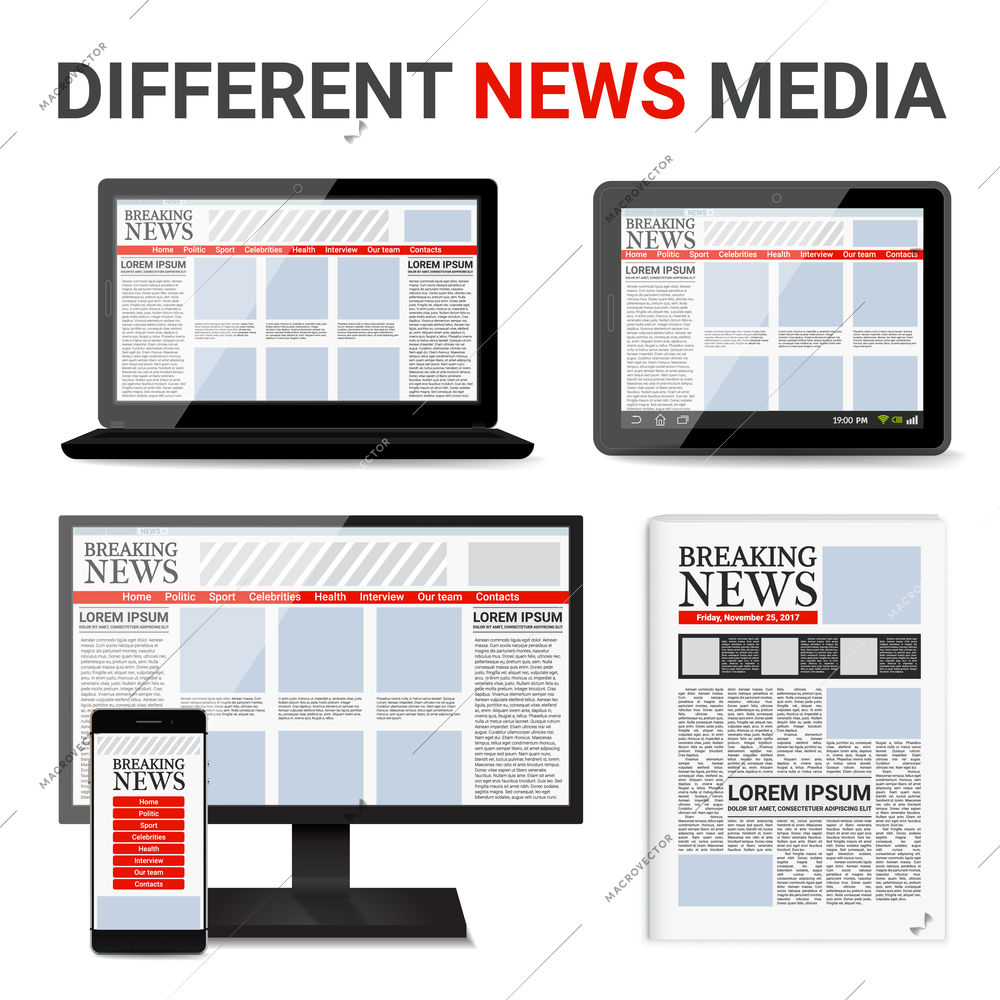 Different news media set with event information on electronic devices screens and in newspaper isolated vector illustration