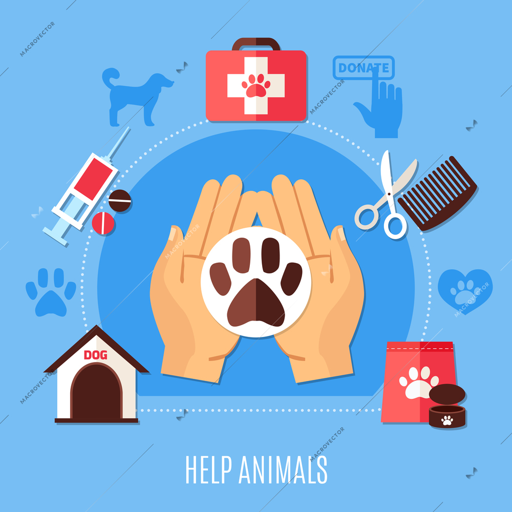 Charity composition with silhouette pictograms of dog pugmarks and icons of veterinary meds and human hands vector illustration