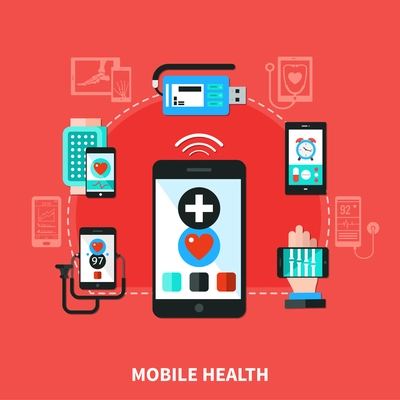 Digital health mobile wearable gadgets devices checking  heart rate and controlled by personal smartphone flat vector illustration