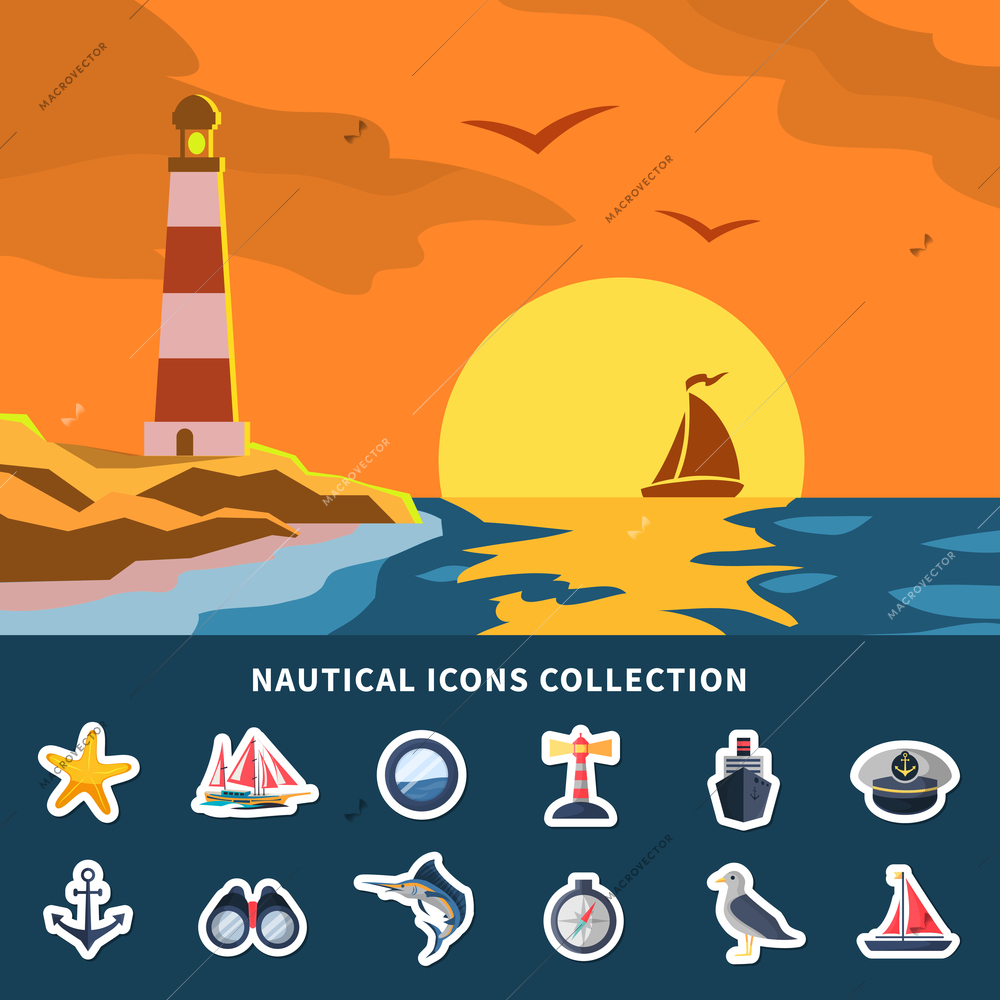 Nautical icons collection with yacht sunset and lighthouse flat vector illustration