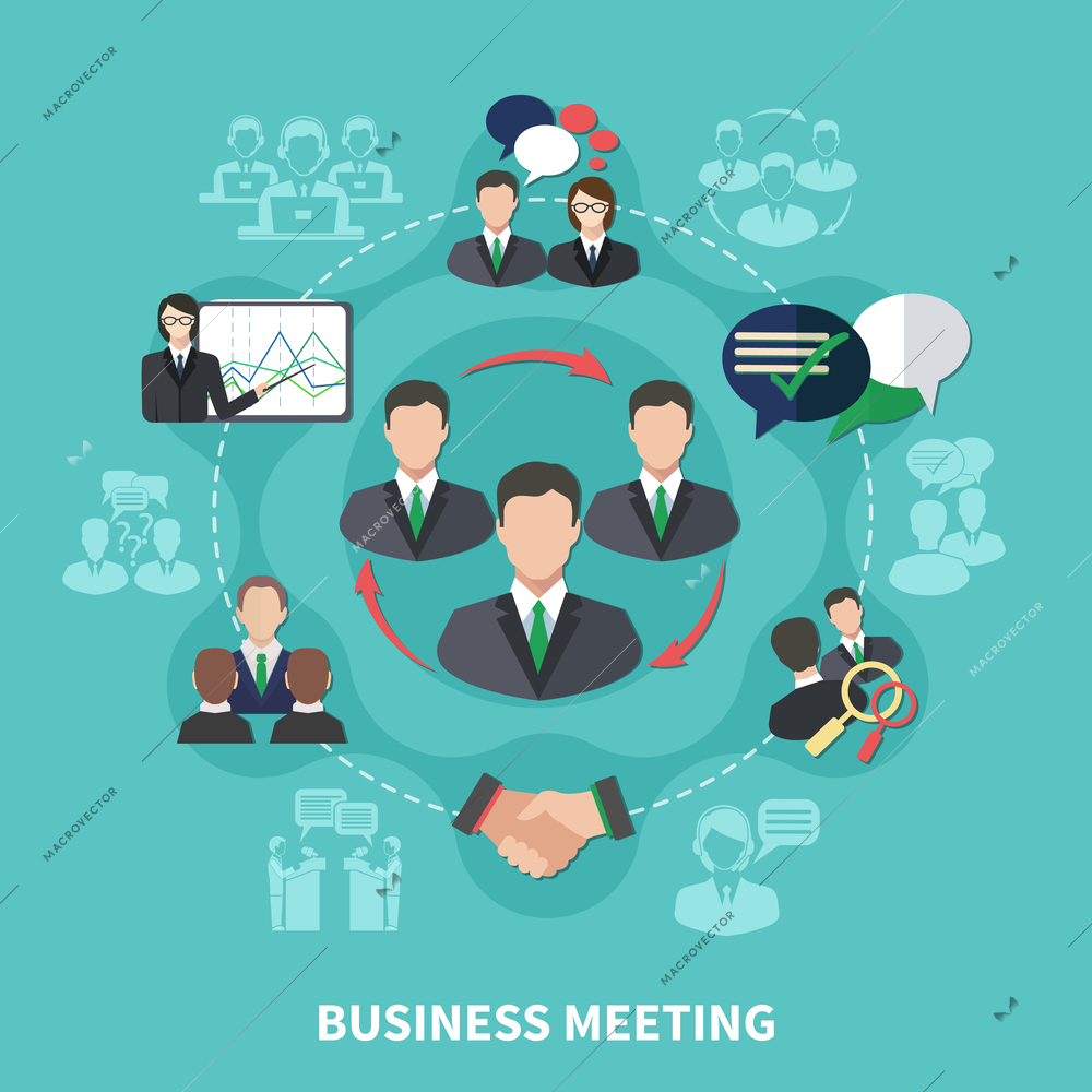 Business meeting composition of isolated silhouettes with flat human images thought bubbles arrows and handshake icons vector illustration