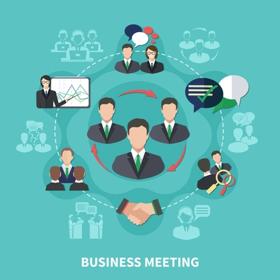 Business meeting composition of isolated silhouettes with flat human images thought bubbles arrows and handshake icons vector illustration