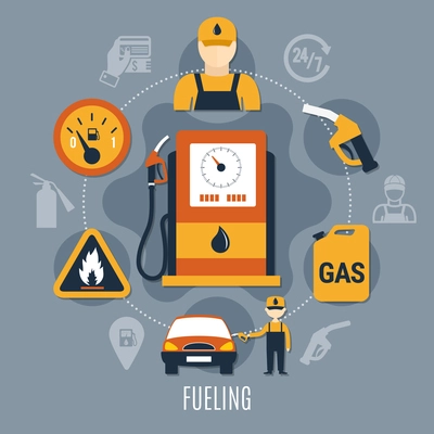 Fuel pump concept with icon set combined in big circle and flat elements vector illustration