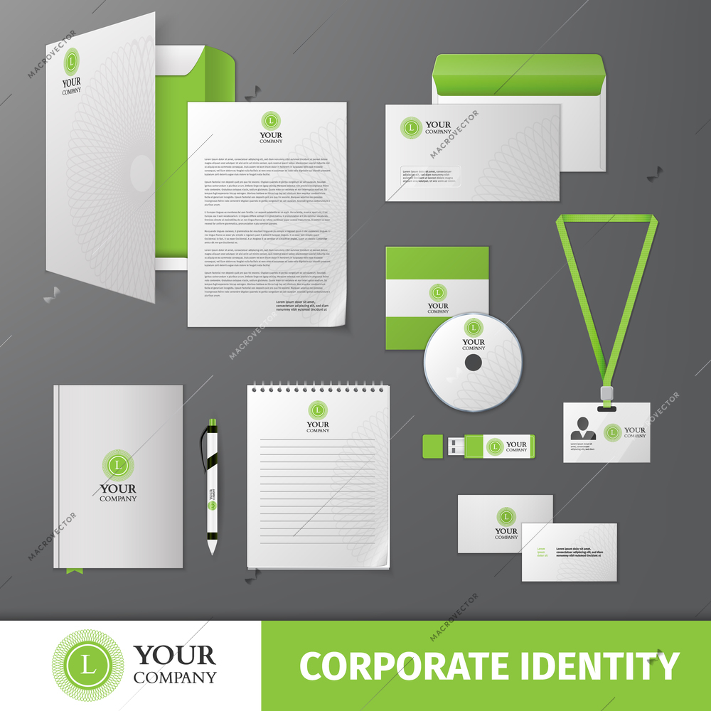 Green geometric business company stationery template for corporate identity and branding set isolated vector illustration