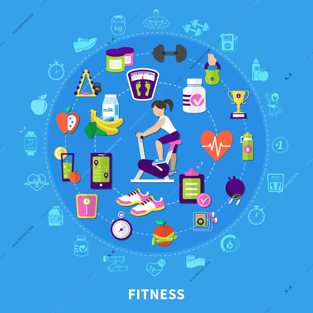 Fitness round flat composition with woman on exercise bike, sports equipment, nutrition on blue background vector illustration