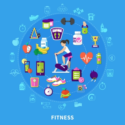 Fitness round flat composition with woman on exercise bike, sports equipment, nutrition on blue background vector illustration